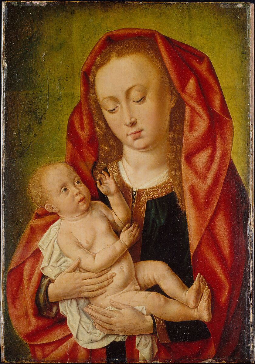 Virgin and Child with a Dragonfly, Master of Saint Giles (Netherlandish and French, active ca. 1500), Oil and tempera (?) on paper laid down on oak panel, Netherlandish and French 