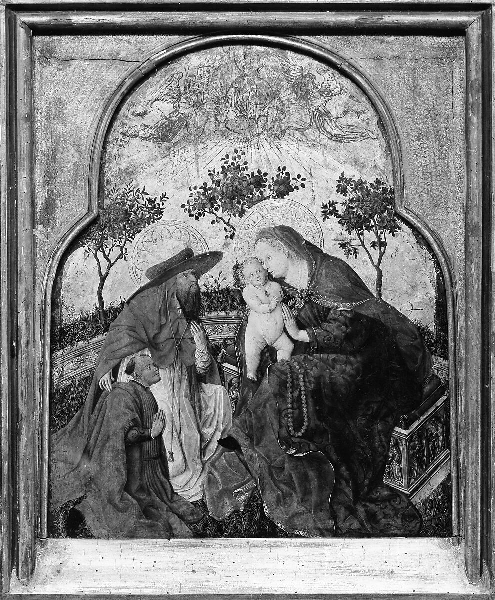 Virgin and Child with a Donor Presented by Saint Jerome, Master of the Munich Bavarian Panels (Bavaria, probably Munich, active mid-15th century), Oil and gold on poplar panel, Bavaria, probably Munich