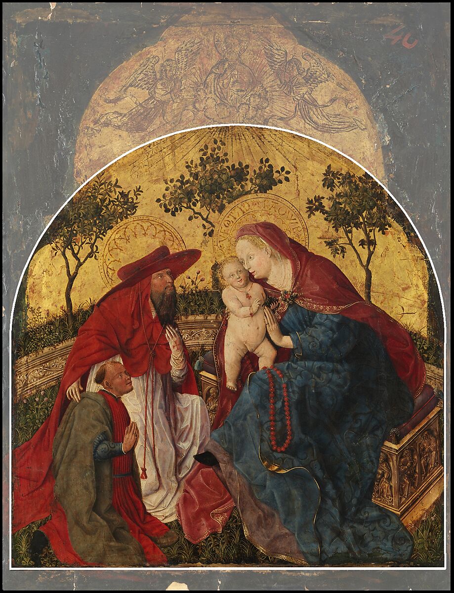 Virgin and Child with a Donor Presented by Saint Jerome, Master of the Munich Bavarian Panels (Bavaria, probably Munich, active mid-15th century), Oil and gold on poplar panel, Bavaria, probably Munich