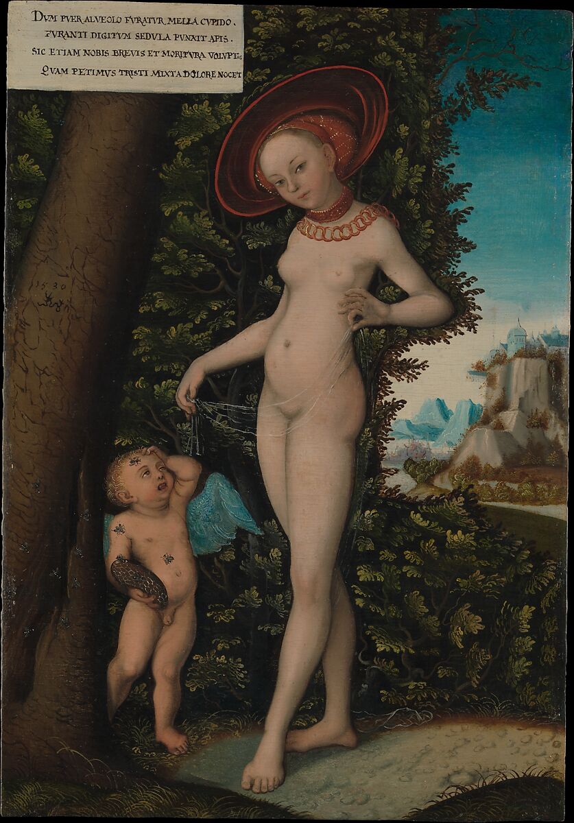 Venus with Cupid the Honey Thief, Copy after Lucas Cranach the Elder (German, Kronach 1472–1553 Weimar), Oil on oak panel 