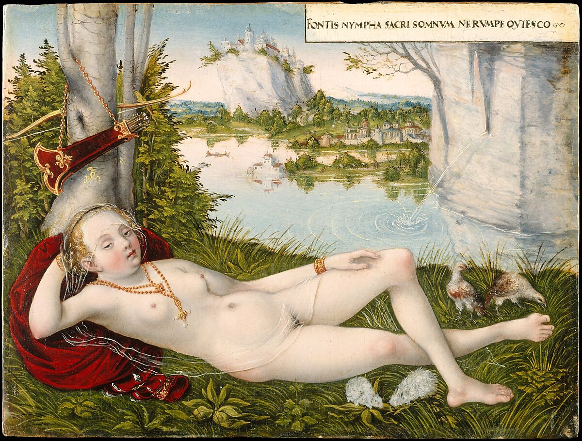 Nymph of the Spring, Lucas Cranach the Younger (German, Wittenberg 1515–1586 Wittenberg), Oil on beech panel