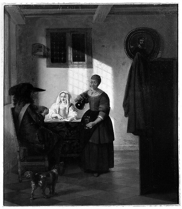 A Couple Playing Cards, with a Serving Woman, Pieter de Hooch (Dutch, Rotterdam 1629–1684 Amsterdam), Oil on canvas