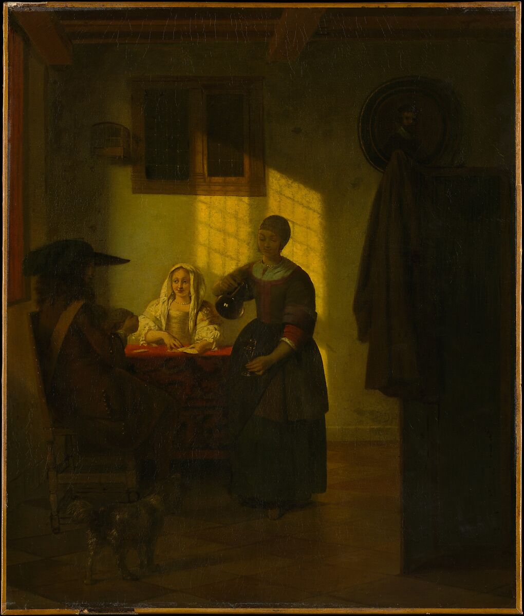 A Couple Playing Cards, with a Serving Woman, Pieter de Hooch (Dutch, Rotterdam 1629–1684 Amsterdam), Oil on canvas