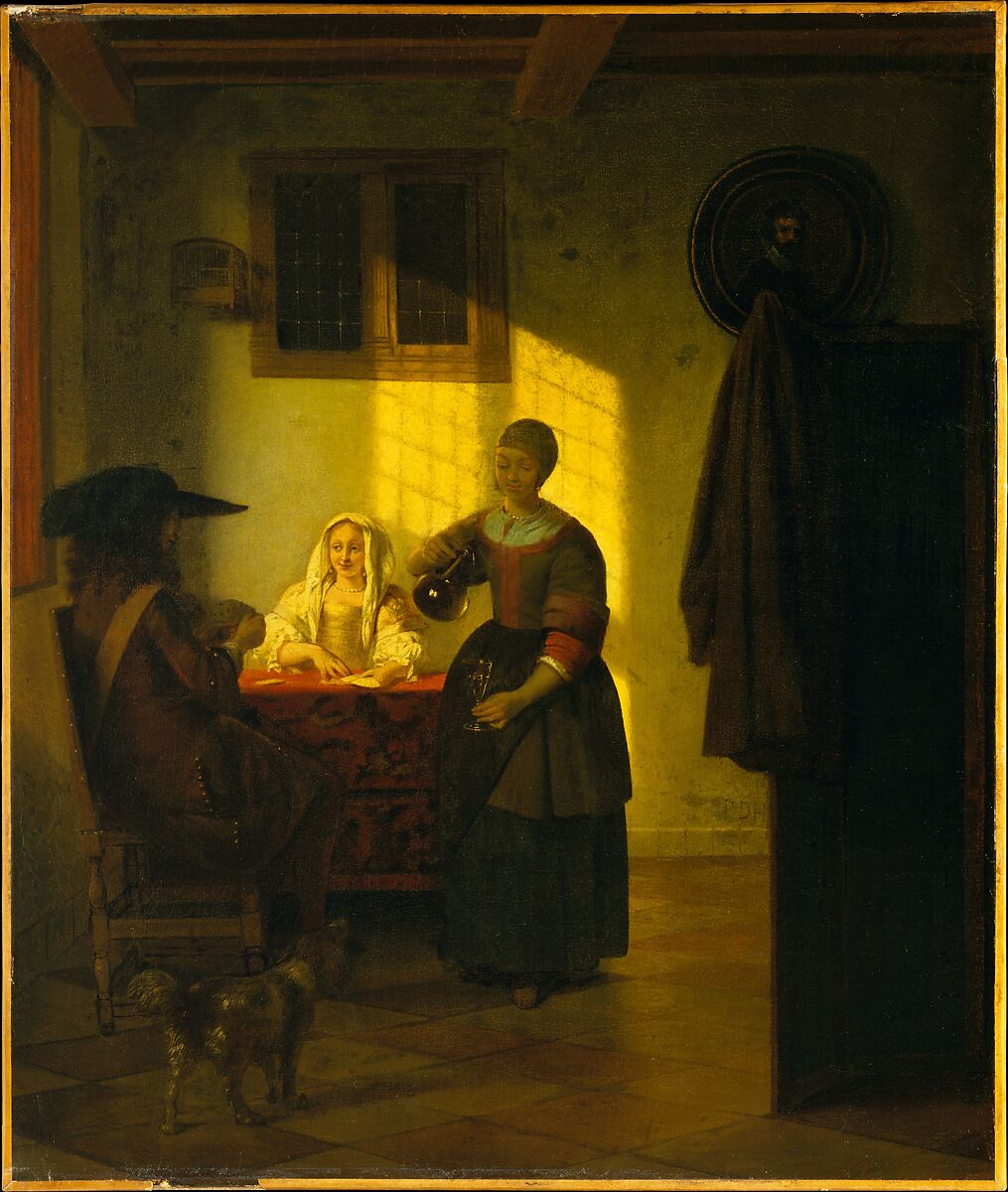 A Couple Playing Cards, with a Serving Woman, Pieter de Hooch (Dutch, Rotterdam 1629–1684 Amsterdam), Oil on canvas 