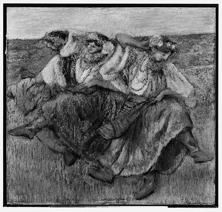 Dancers in Ukrainian Dress, Edgar Degas (French, Paris 1834–1917 Paris), Charcoal and pastel, on tracing paper, mounted on cardboard
