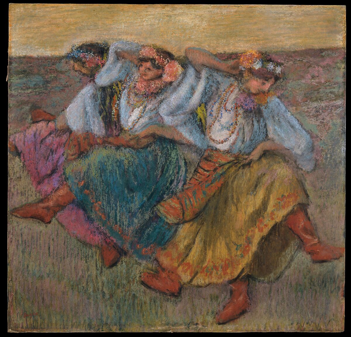 Dancers in Ukrainian Dress, Edgar Degas (French, Paris 1834–1917 Paris), Charcoal and pastel, on tracing paper, mounted on cardboard 
