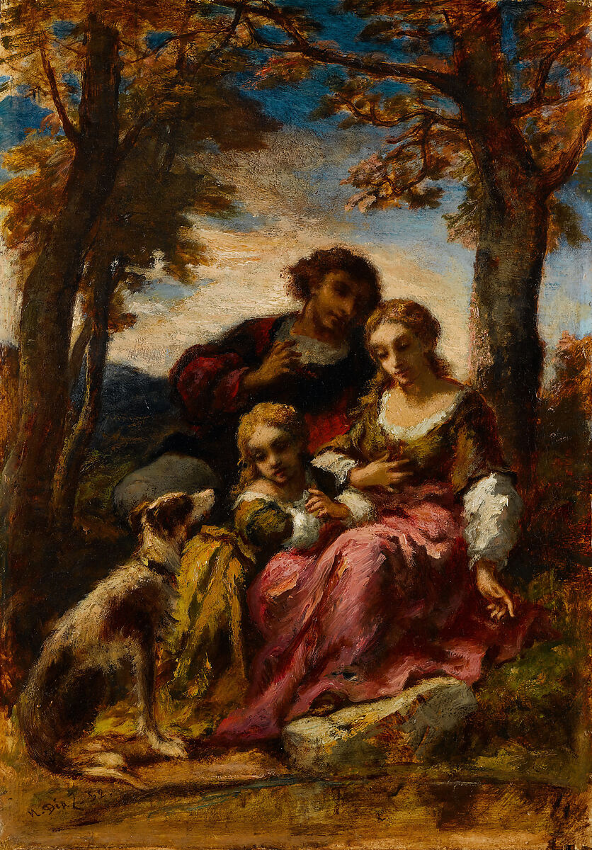 Figures and a Dog in a Landscape, Narcisse-Virgile Diaz de la Peña  French, Oil on wood