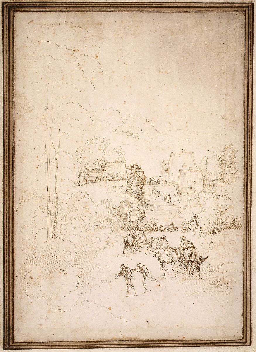 Approach to a Mountain Village with Horsemen on the Road, Fra Bartolomeo (Bartolomeo di Paolo del Fattorino) (Italian, Florence 1473–1517 Florence), Pen and brown ink, traces of black chalk; mounted on an album page