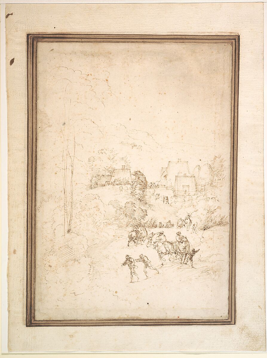 Approach to a Mountain Village with Horsemen on the Road, Fra Bartolomeo (Bartolomeo di Paolo del Fattorino) (Italian, Florence 1473–1517 Florence), Pen and brown ink, traces of black chalk; mounted on an album page 