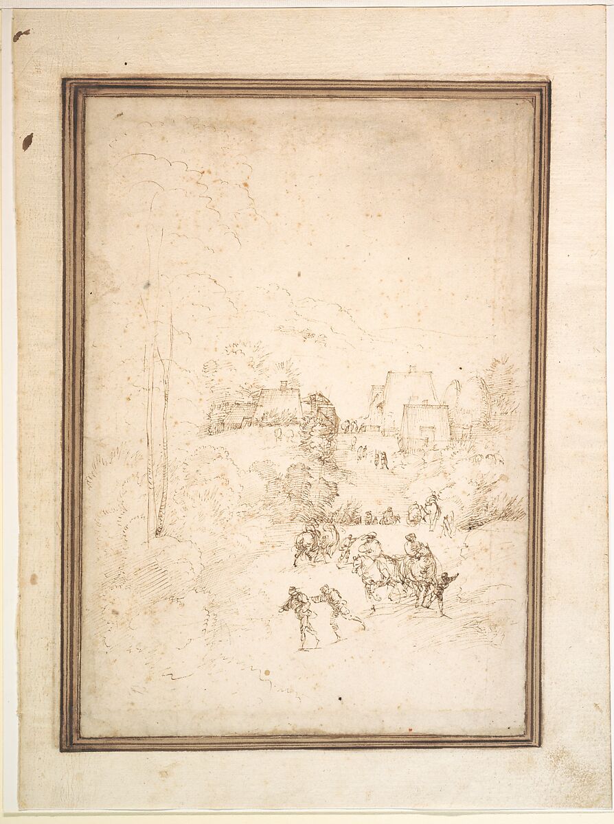 Approach to a Mountain Village with Horsemen on the Road, Fra Bartolomeo (Bartolomeo di Paolo del Fattorino)  Italian, Pen and brown ink, traces of black chalk; mounted on an album page