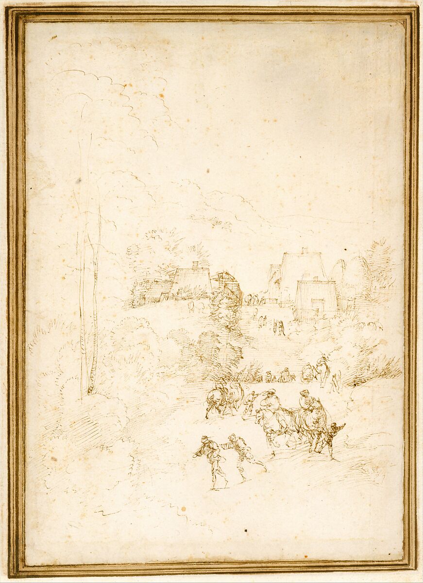 Approach to a Mountain Village with Horsemen on the Road, Fra Bartolomeo (Bartolomeo di Paolo del Fattorino) (Italian, Florence 1473–1517 Florence), Pen and brown ink, traces of black chalk; mounted on an album page