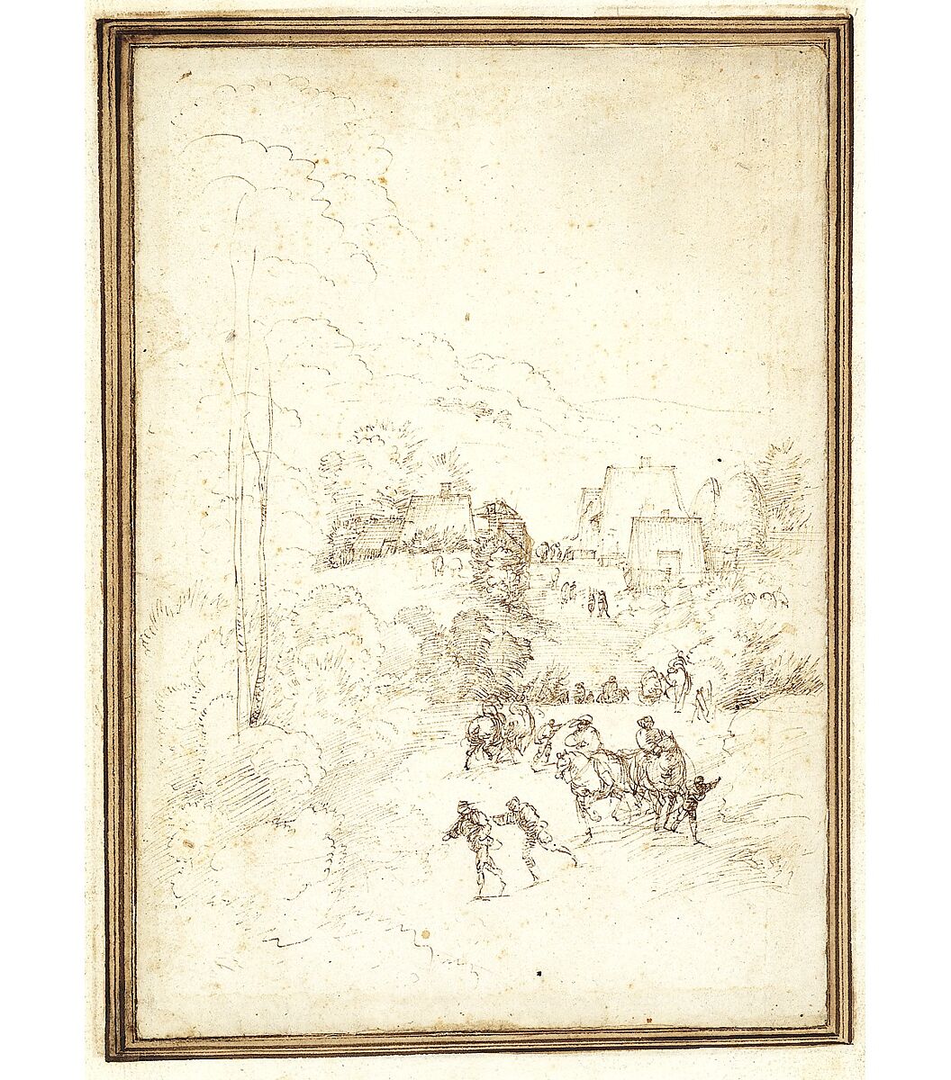 Approach to a Mountain Village with Horsemen on the Road, Fra Bartolomeo (Bartolomeo di Paolo del Fattorino) (Italian, Florence 1473–1517 Florence), Pen and brown ink, traces of black chalk; mounted on an album page