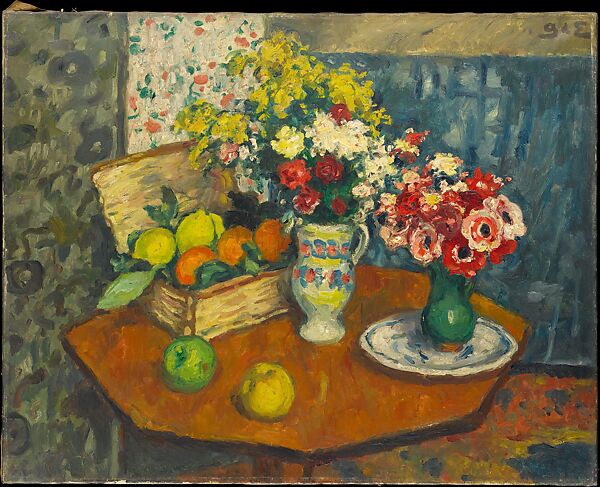 Basket of Fruit and Two Vases of Flowers, Georges d'Espagnat (French, 1870–1950), Oil on canvas