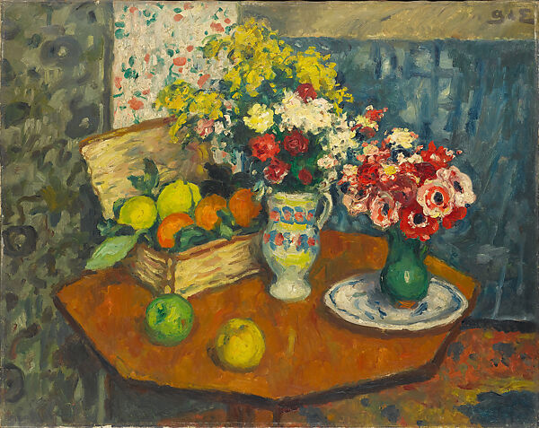 Basket of Fruit and Two Vases of Flowers, Georges d&#39;Espagnat (French, 1870–1950), Oil on canvas 