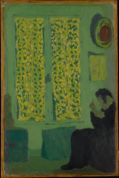 The Green Interior (Figure Seated by a Curtained Window), Edouard Vuillard (French, Cuiseaux 1868–1940 La Baule), Oil on cardboard, mounted on cradled wood