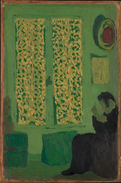 The Green Interior (Figure Seated by a Curtained Window), Edouard Vuillard (French, Cuiseaux 1868–1940 La Baule), Oil on cardboard, mounted on cradled wood 