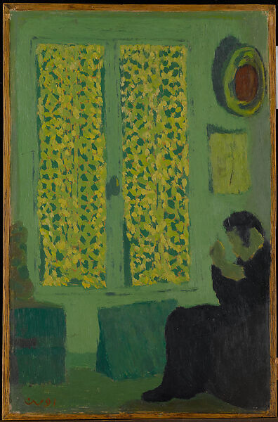 The Green Interior (Figure Seated by a Curtained Window), Edouard Vuillard (French, Cuiseaux 1868–1940 La Baule), Oil on cardboard, mounted on cradled wood
