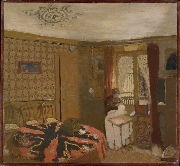 Mme Vuillard Sewing by the Window, rue Truffaut, Edouard Vuillard (French, Cuiseaux 1868–1940 La Baule), Oil on cardboard laid down on panel.