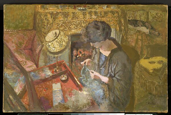 The Small Drawing-Room: Mme Hessel at Her Sewing Table, Edouard Vuillard (French, Cuiseaux 1868–1940 La Baule), Oil and gum tempera on paper, glued to canvas 