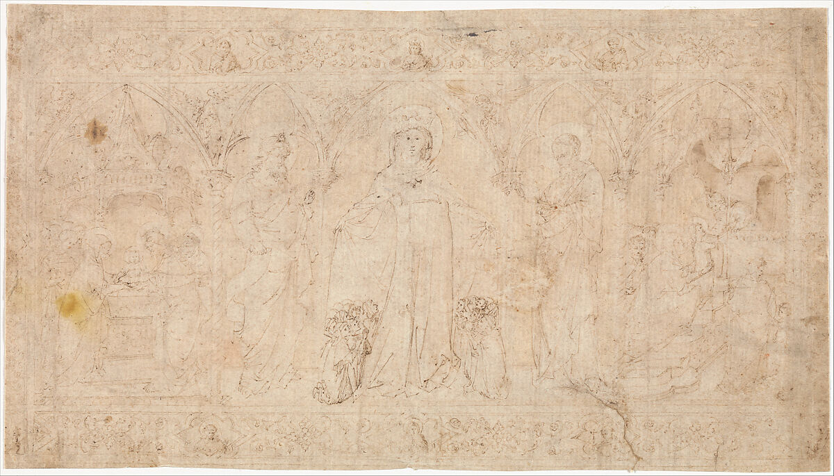 Design for an Antependium: The Madonna della Misericordia with Saints John the Baptist and John the Evangelist, the Circumcision, and the Presentation of the Virgin, Lorenzo Veneziano  Italian, Pen and brown ink, yellow watercolor in the backgrounds of the niches.