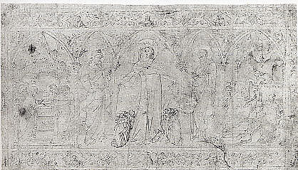 Design for an Antependium: The Madonna della Misericordia with Saints John the Baptist and John the Evangelist, the Circumcision, and the Presentation of the Virgin, Attributed to Lorenzo Veneziano (Italian, Venice, active 1356–72), Pen and brown ink, yellow watercolor in the backgrounds of the niches.