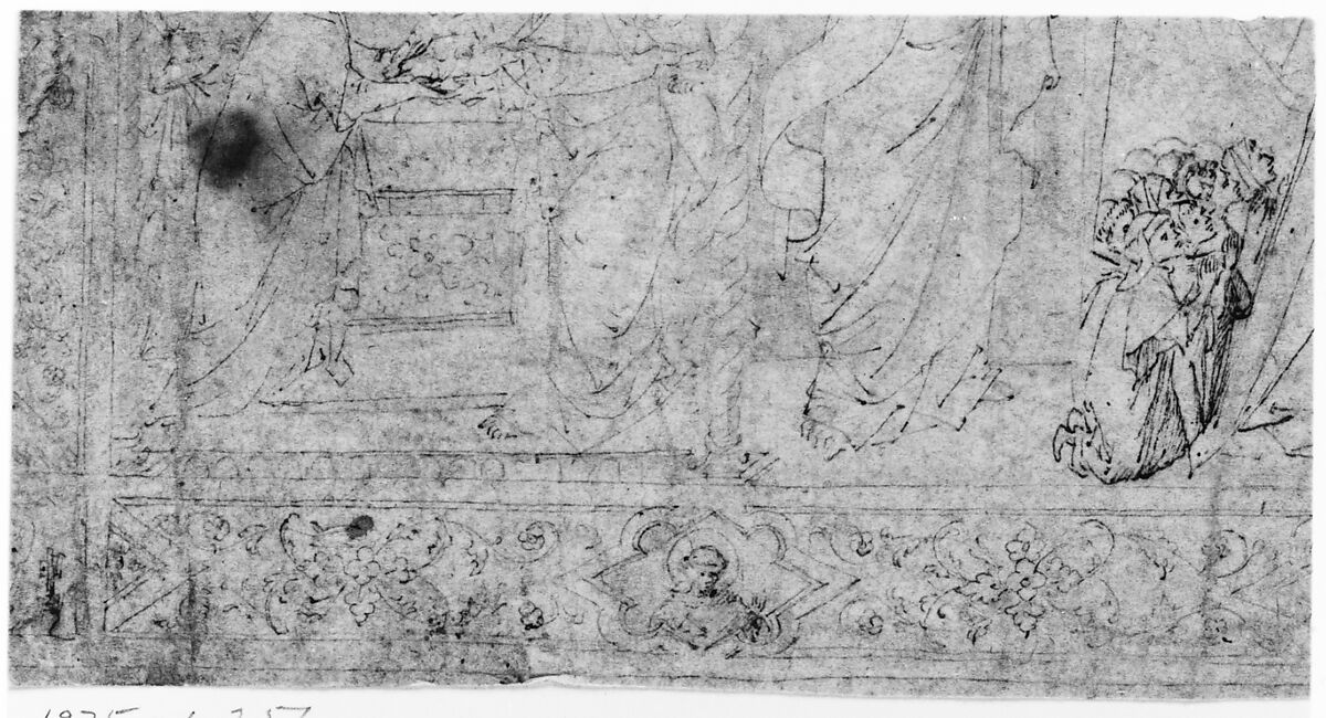 Design for an Antependium: The Madonna della Misericordia with Saints John the Baptist and John the Evangelist, the Circumcision, and the Presentation of the Virgin, Attributed to Lorenzo Veneziano (Italian, Venice, active 1356–72), Pen and brown ink, yellow watercolor in the backgrounds of the niches.