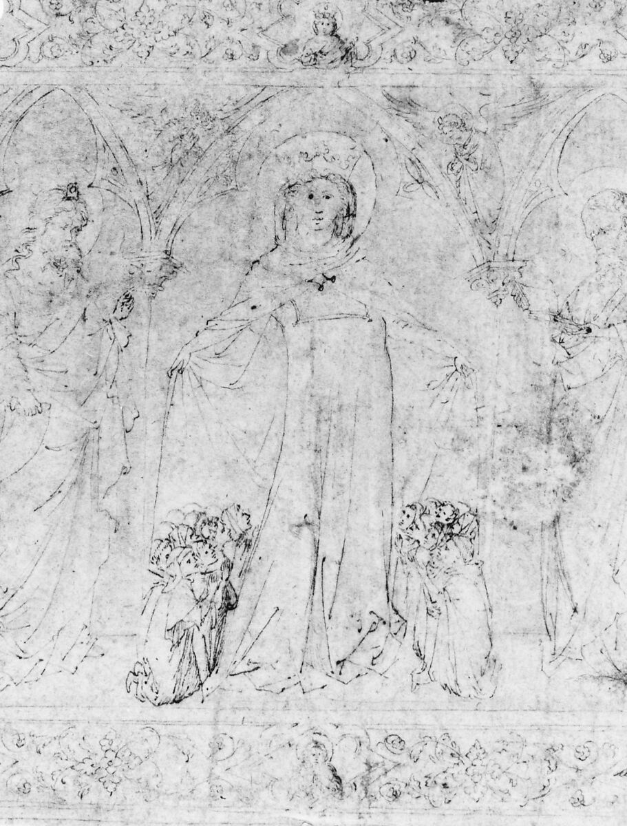 Design for an Antependium: The Madonna della Misericordia with Saints John the Baptist and John the Evangelist, the Circumcision, and the Presentation of the Virgin, Attributed to Lorenzo Veneziano (Italian, Venice, active 1356–72), Pen and brown ink, yellow watercolor in the backgrounds of the niches.