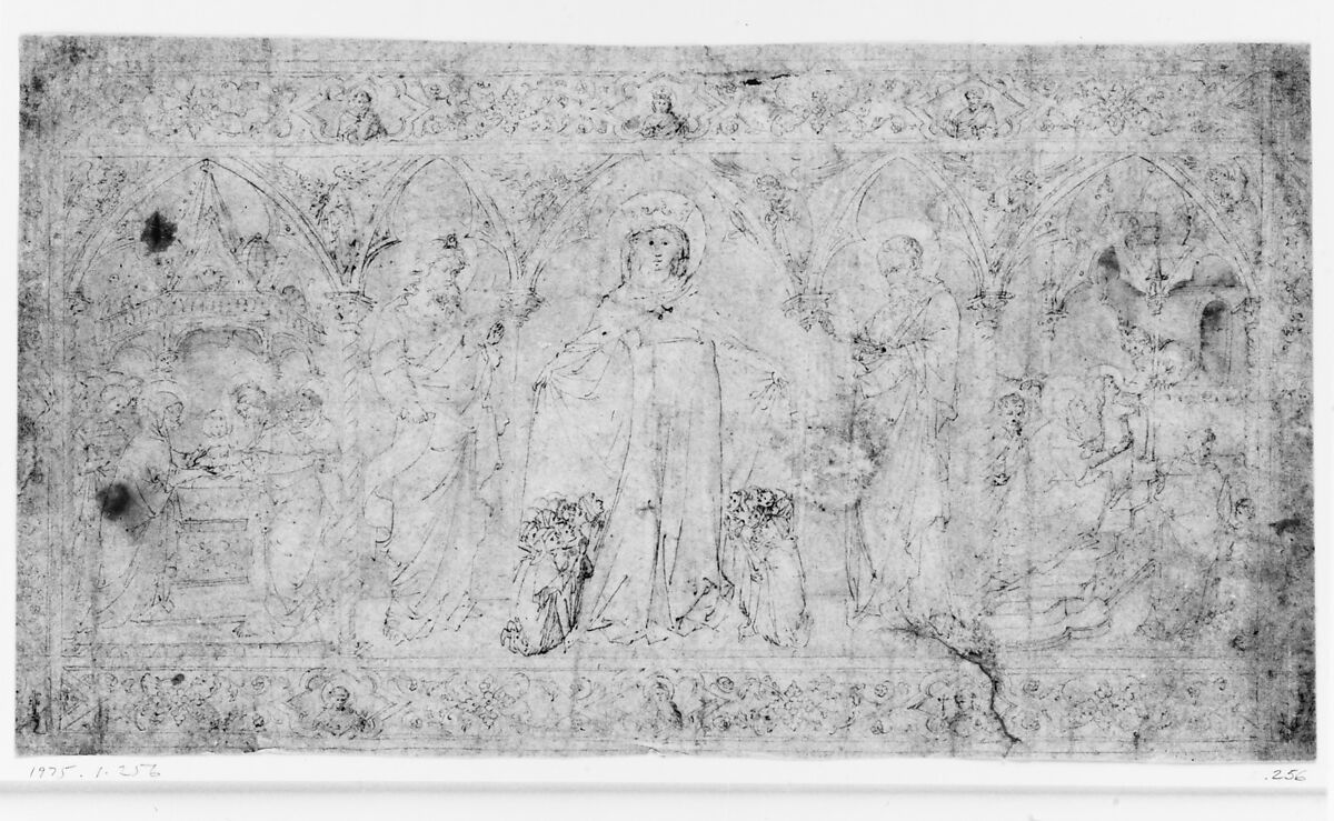 Design for an Antependium: The Madonna della Misericordia with Saints John the Baptist and John the Evangelist, the Circumcision, and the Presentation of the Virgin, Attributed to Lorenzo Veneziano (Italian, Venice, active 1356–72), Pen and brown ink, yellow watercolor in the backgrounds of the niches.