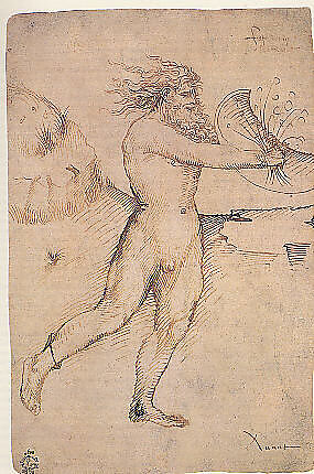 Bearded Nude Male Figure Running Toward the Right, Veronese School, possibly a follower of Stefano da Verona (Stefano di Giovanni d'Arbosio di Francia) (Italian, Paris or Pavia ca. 1374/75–after 1438 Verona), Pen and brown ink.