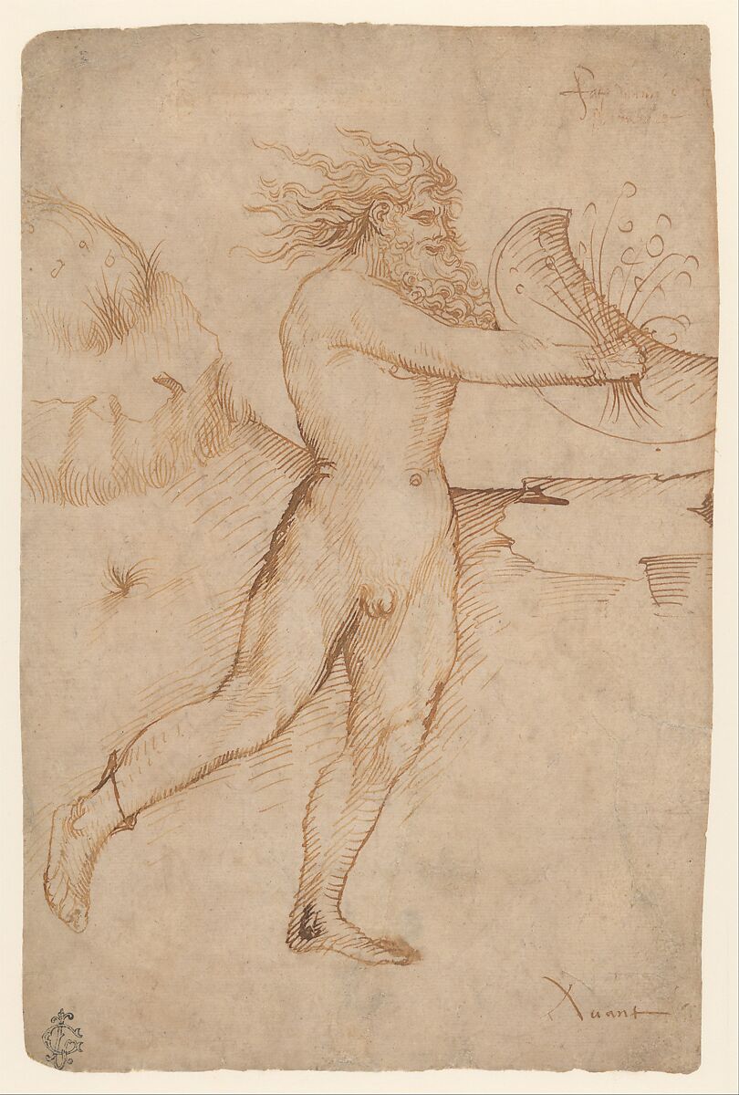 Bearded Nude Male Figure Running Toward the Right, Veronese School, possibly a follower of Stefano da Verona (Stefano di Giovanni d&#39;Arbosio di Francia) (Italian, Paris or Pavia ca. 1374/75–after 1438 Verona), Pen and brown ink. 