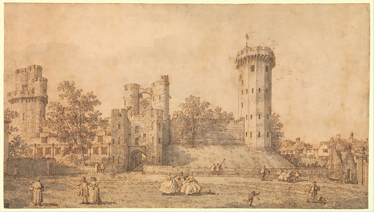 Warwick Castle: The East Front, Canaletto (Giovanni Antonio Canal) (Italian, Venice 1697–1768 Venice), Pen and brown ink, gray wash 