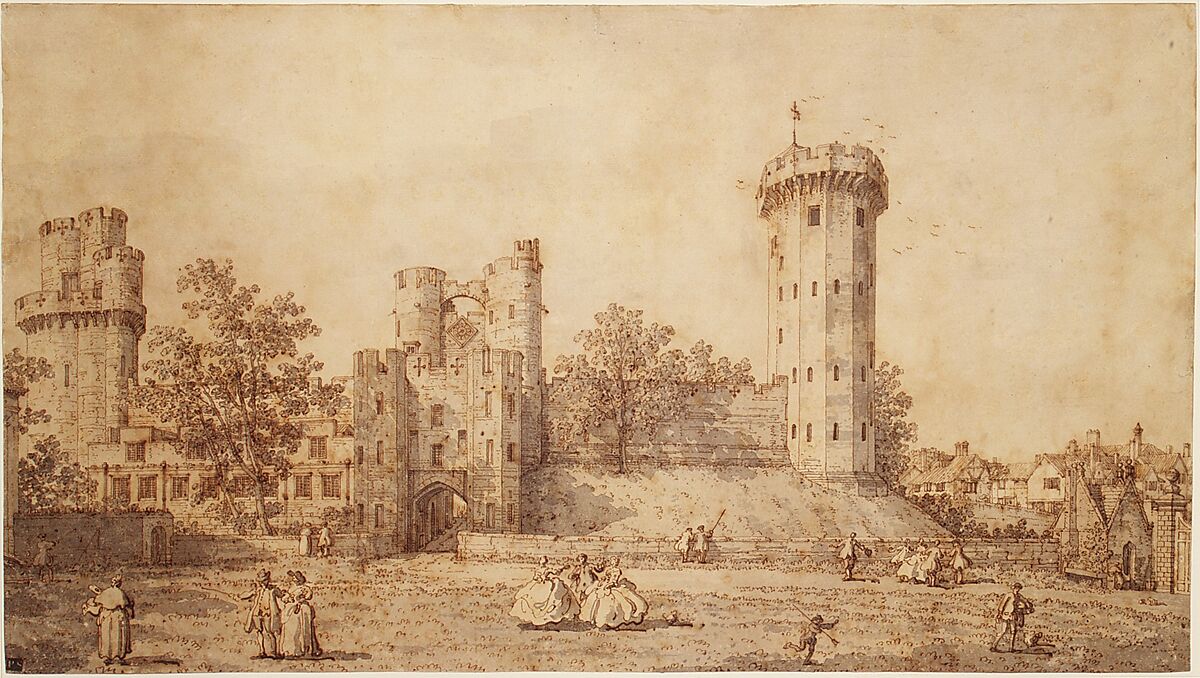 Warwick Castle: The East Front, Canaletto (Giovanni Antonio Canal) (Italian, Venice 1697–1768 Venice), Pen and brown ink, gray wash