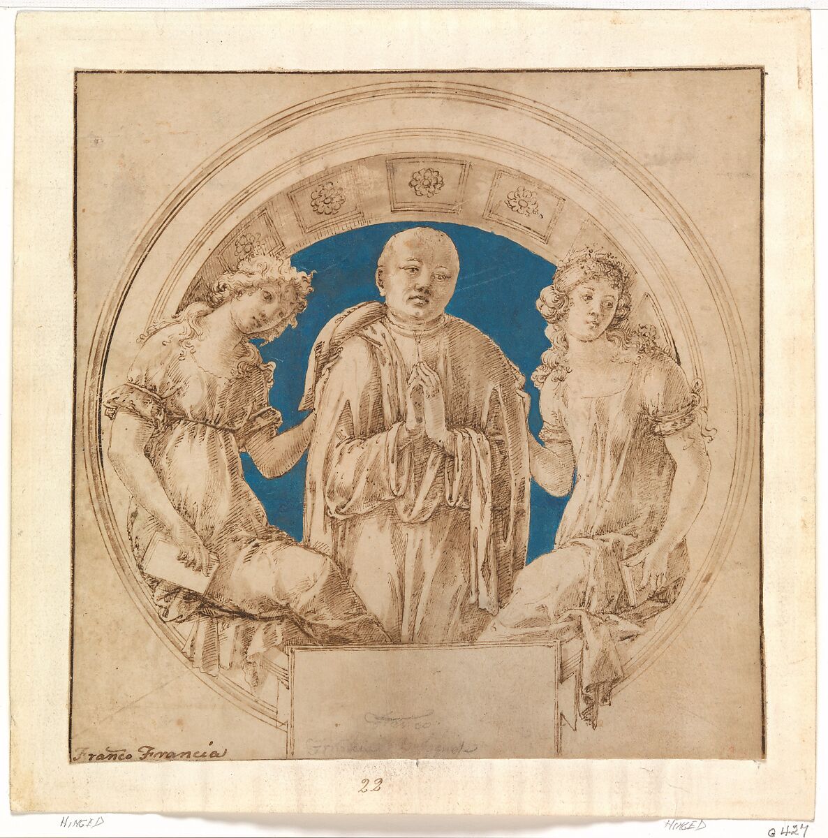 Design for a Wall Monument, Francesco di Giorgio Martini (Italian, Siena 1439–1501 Siena), Pen and brown ink, brush and brown wash, blue gouache, on vellum 