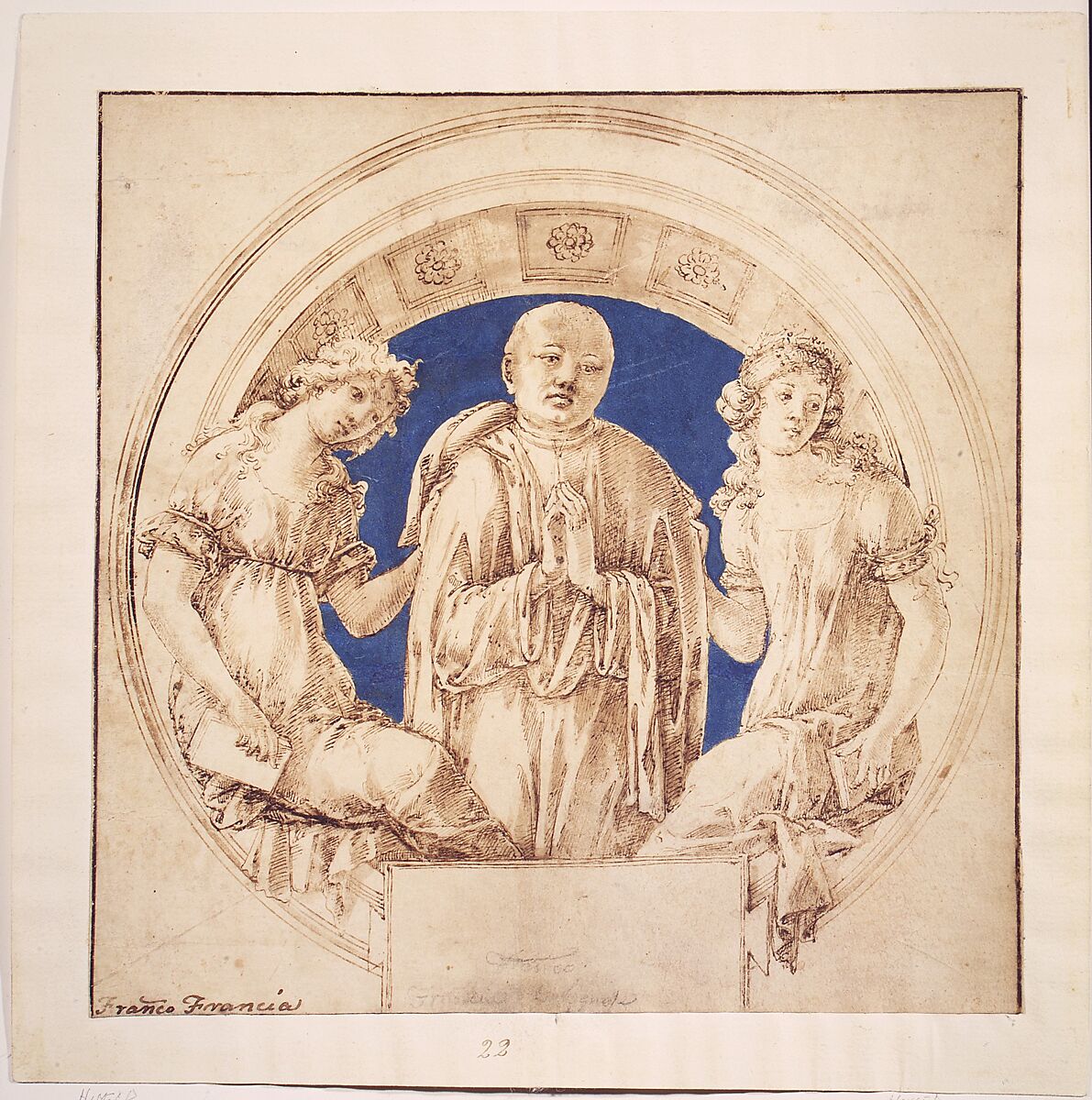 Design for a Wall Monument, Francesco di Giorgio Martini (Italian, Siena 1439–1501 Siena), Pen and brown ink, brush and brown wash, blue gouache, on vellum