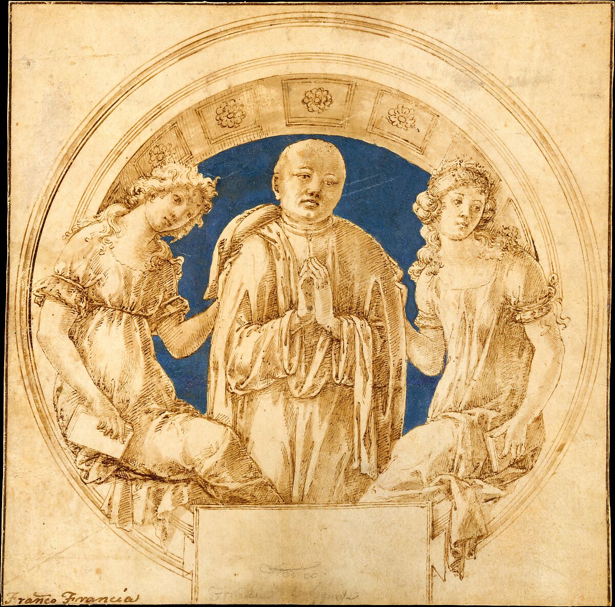 Design for a Wall Monument, Francesco di Giorgio Martini (Italian, Siena 1439–1501 Siena), Pen and brown ink, brush and brown wash, blue gouache, on vellum