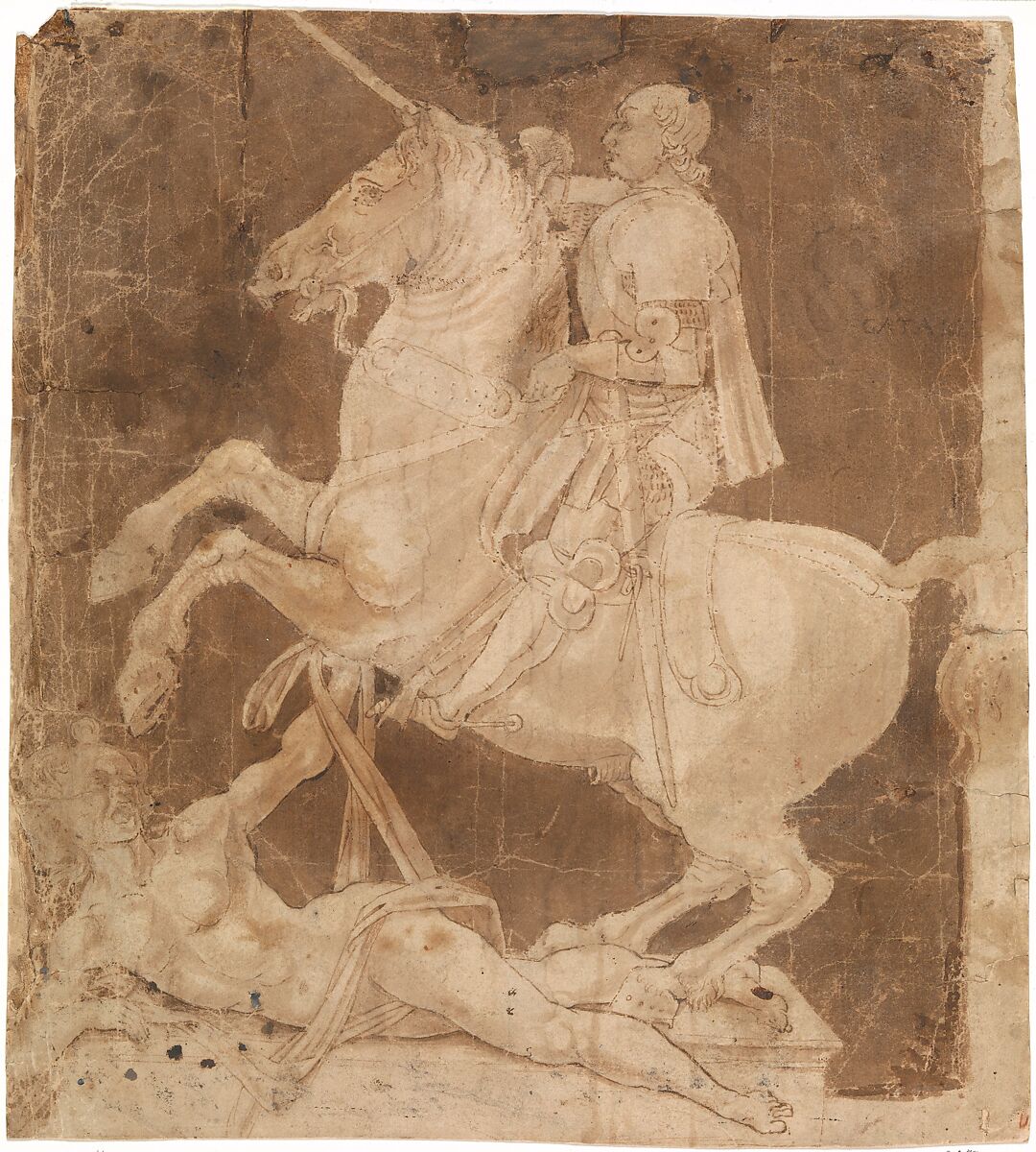 Study for the Equestrian Monument to Francesco Sforza, Antonio Pollaiuolo  Italian, Pen and brown ink, light and dark brown wash; outlines of the horse and rider pricked for transfer.