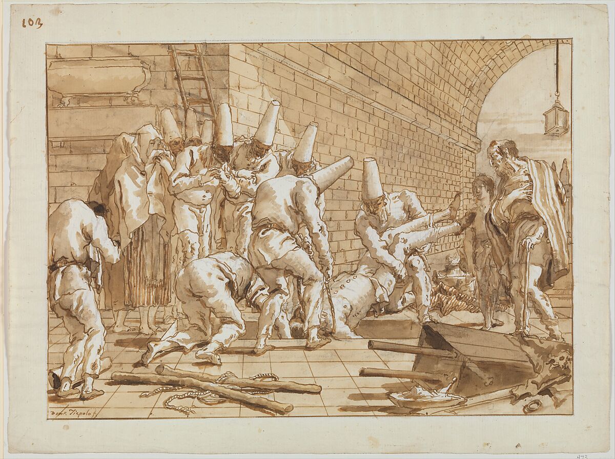 The Burial of Punchinello, Giovanni Domenico Tiepolo (Italian, Venice 1727–1804 Venice), Pen and brown ink, brown and yellow wash, over black chalk. 