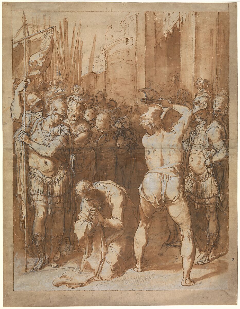 The Martyrdom of Saint Paul, Taddeo Zuccaro (Italian, Sant&#39;Angelo in Vado 1529–1566 Rome), Pen and brown and gray ink, brown wash, over black chalk, heightened with white, on buff paper. 