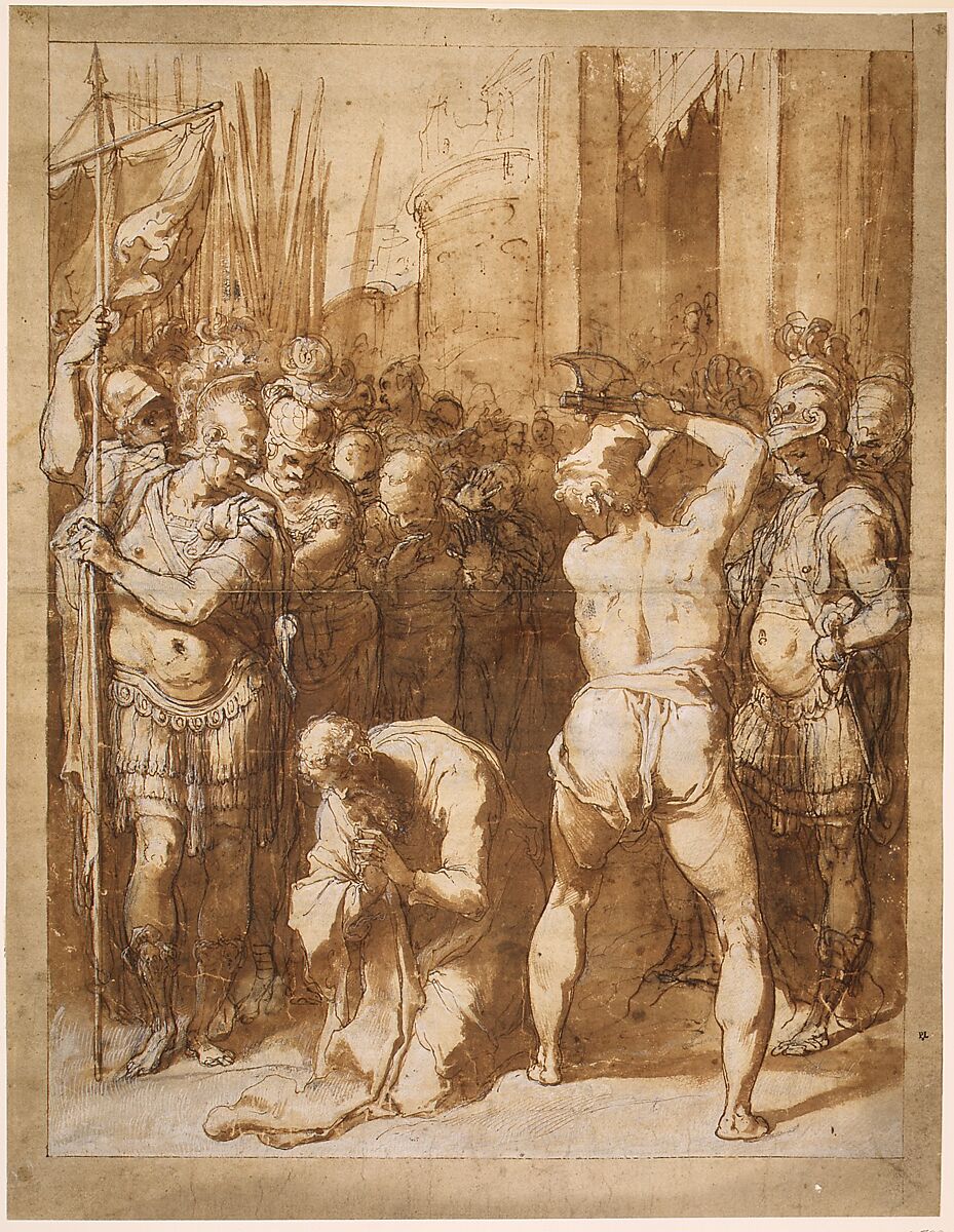 The Martyrdom of Saint Paul, Taddeo Zuccaro (Italian, Sant'Angelo in Vado 1529–1566 Rome), Pen and brown and gray ink, brown wash, over black chalk, heightened with white, on buff paper.