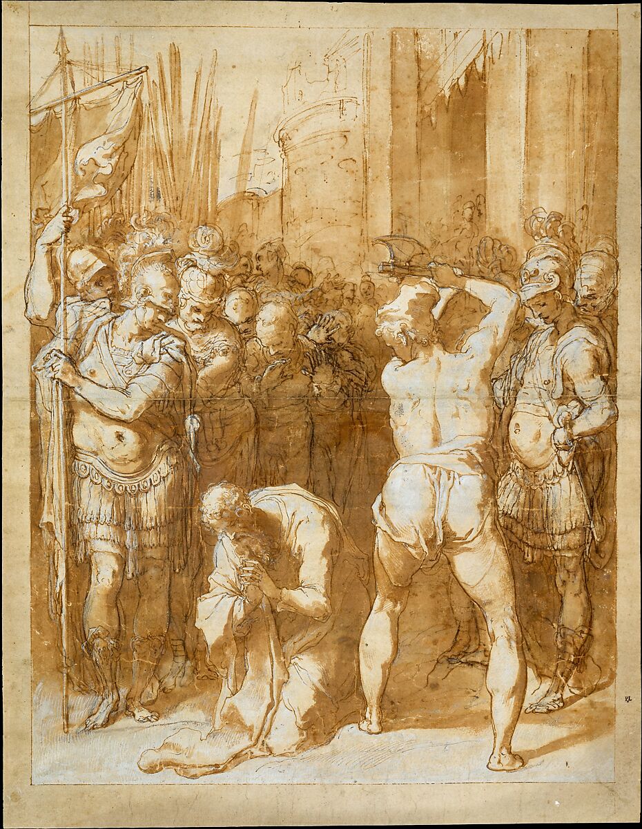 The Martyrdom of Saint Paul, Taddeo Zuccaro (Italian, Sant'Angelo in Vado 1529–1566 Rome), Pen and brown and gray ink, brown wash, over black chalk, heightened with white, on buff paper.