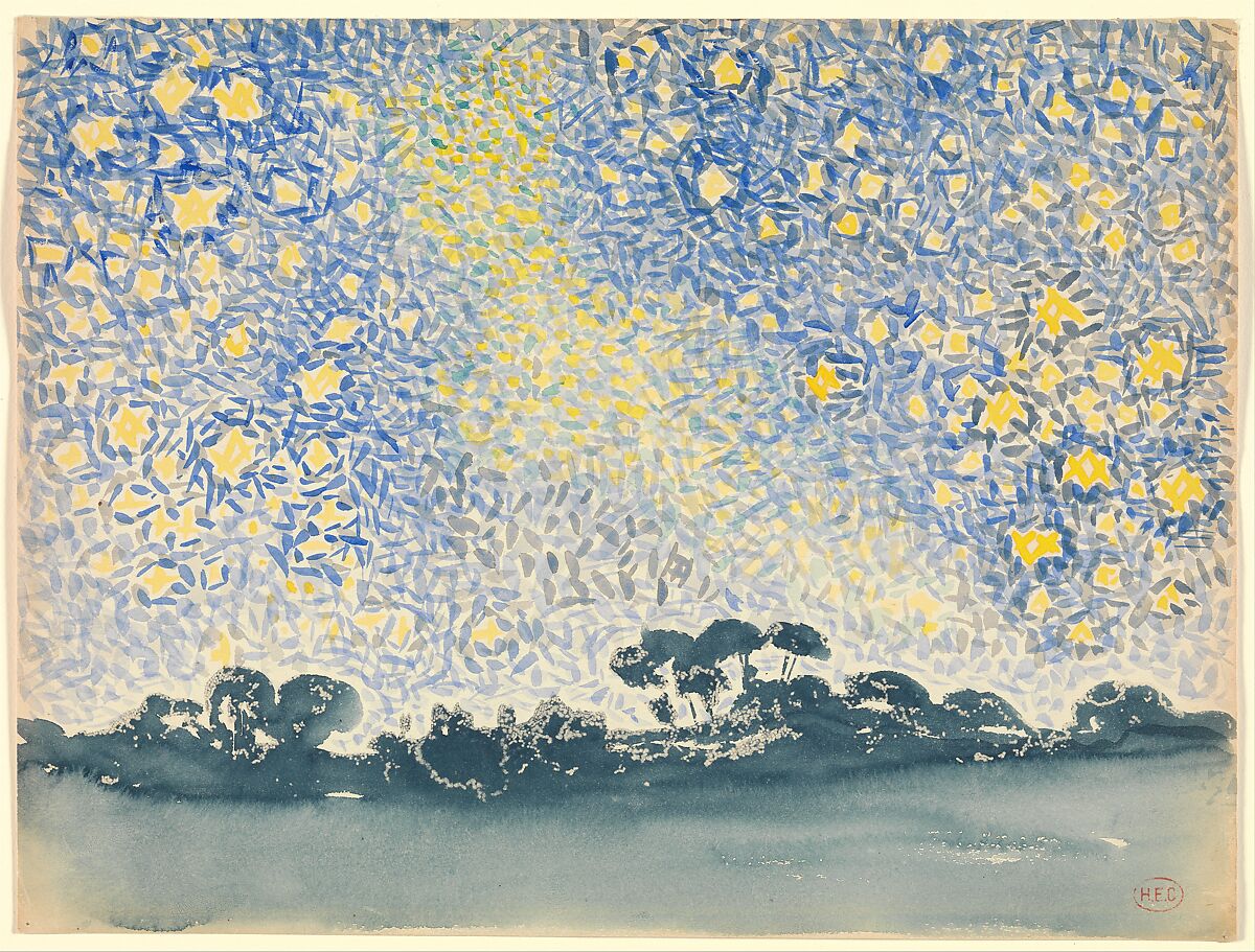 Landscape with Stars, Henri-Edmond Cross (Henri-Edmond Delacroix) (French, Douai 1856–1910 Saint-Clair), Watercolor on white wove paper