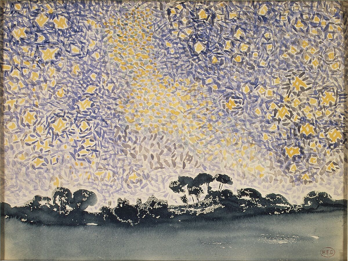 Landscape with Stars, Henri-Edmond Cross (Henri-Edmond Delacroix) (French, Douai 1856–1910 Saint-Clair), Watercolor on white wove paper