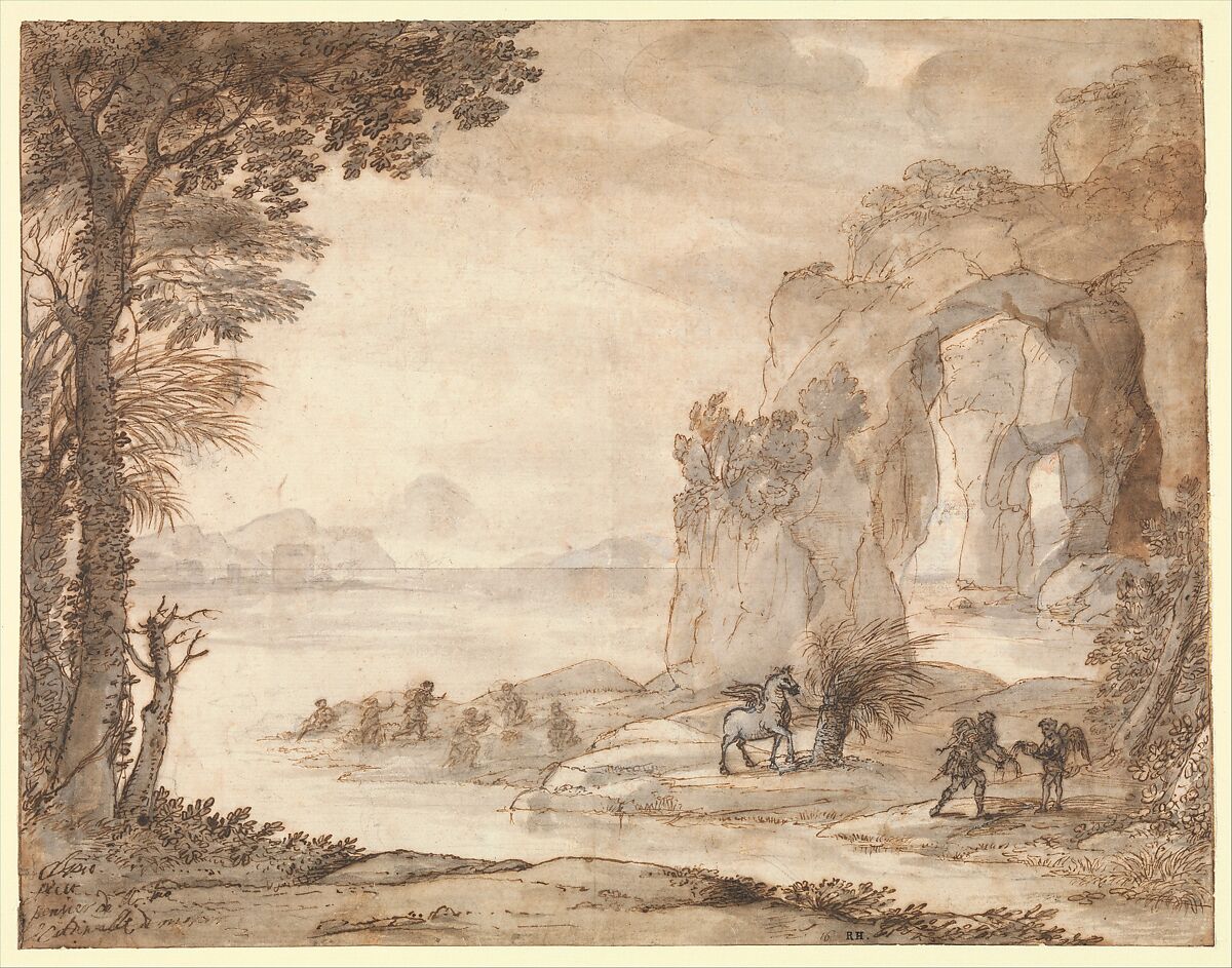 Perseus and the Origin of Coral, Claude Lorrain (Claude Gellée) (French, Chamagne 1604/5?–1682 Rome), Black chalk, sepia and black ink, sepia and gray wash heightened with white 