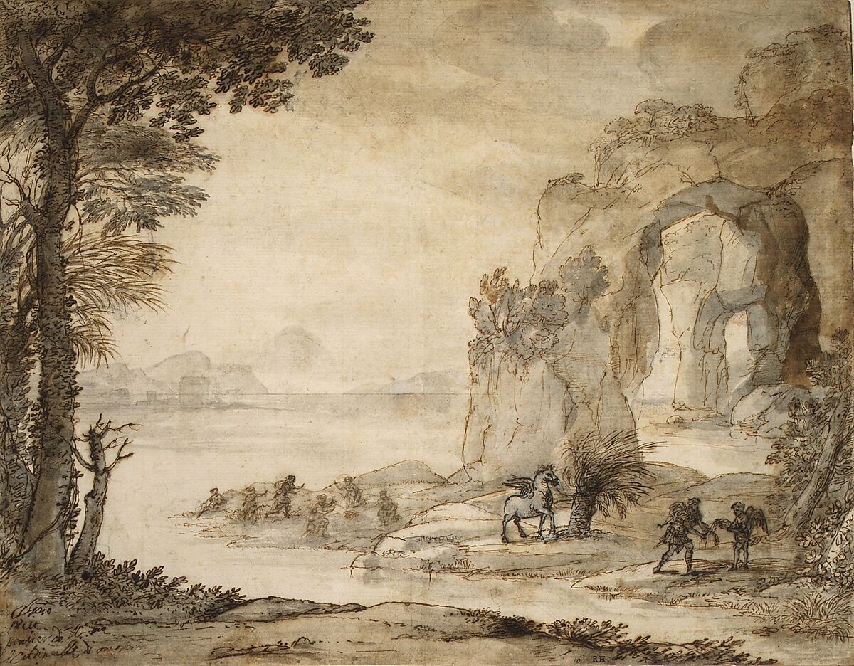 Perseus and the Origin of Coral, Claude Lorrain (Claude Gellée) (French, Chamagne 1604/5?–1682 Rome), Black chalk, sepia and black ink, sepia and gray wash heightened with white