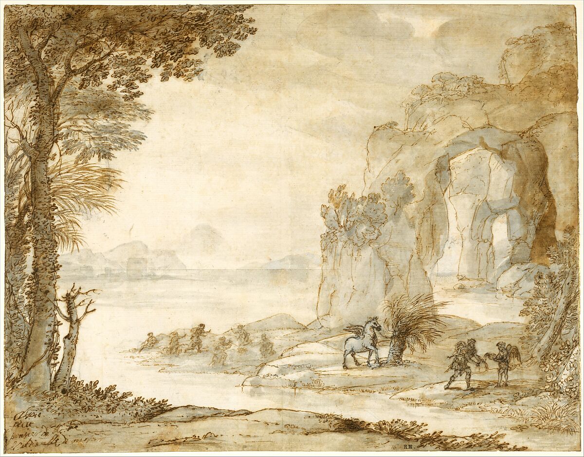 Perseus and the Origin of Coral, Claude Lorrain (Claude Gellée) (French, Chamagne 1604/5?–1682 Rome), Black chalk, sepia and black ink, sepia and gray wash heightened with white