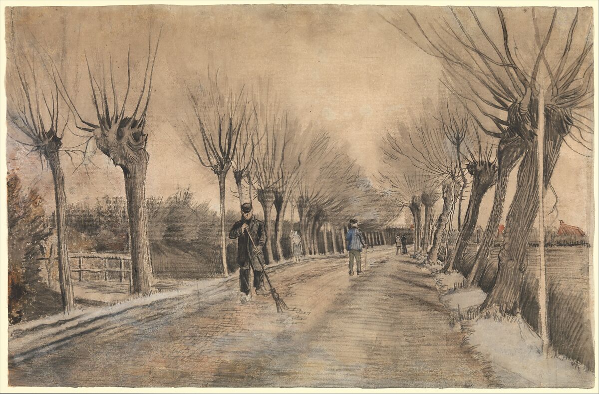 Road in Etten, Vincent van Gogh (Dutch, Zundert 1853–1890 Auvers-sur-Oise), Chalk, pencil, pastel, watercolor.  Underdrawing in pen and brown ink. 