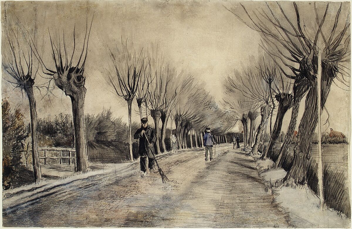 Road in Etten, Vincent van Gogh (Dutch, Zundert 1853–1890 Auvers-sur-Oise), Chalk, pencil, pastel, watercolor.  Underdrawing in pen and brown ink.