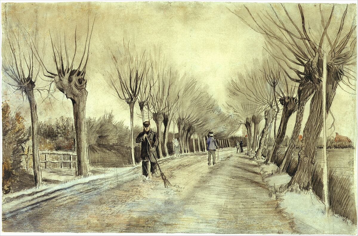 Road in Etten, Vincent van Gogh (Dutch, Zundert 1853–1890 Auvers-sur-Oise), Chalk, pencil, pastel, watercolor.  Underdrawing in pen and brown ink.