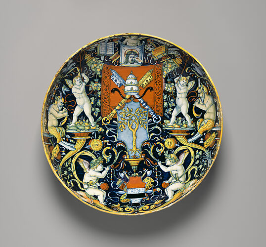 Bowl with the Arms of Pope Julius II and the Manzoli of Bologna surrounded by putti, cornucopiae, satyrs, dolphins, birds, etc.