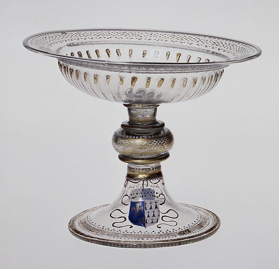 Armorial tazza, Italian (Venice) or façon de Venise (Venetian-style), Colorless (slightly gray) nonlead glass; blown, pattern-molded, enameled, gilt, Venetian or façon de Venise, or French